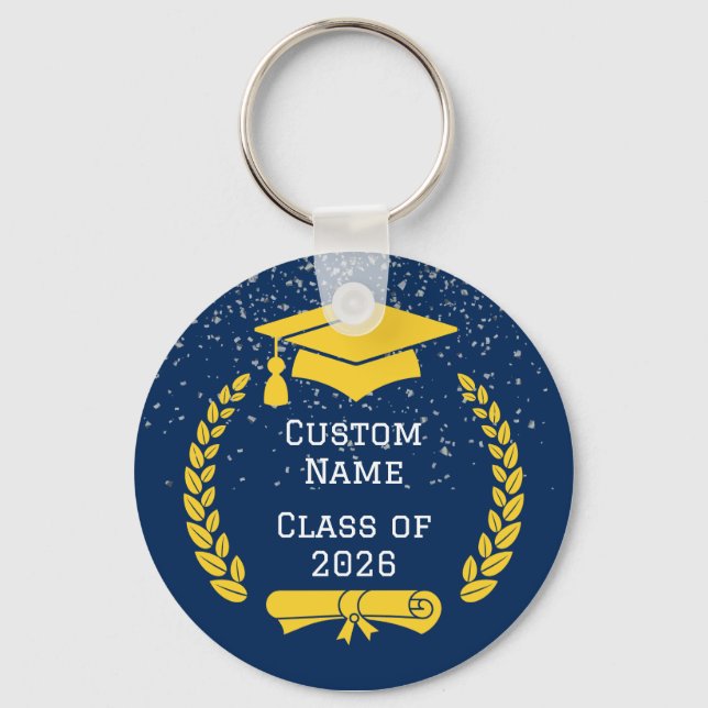 Dark Blue & Gold Class of 2026 Graduation Keychain Nyckelring (Framsida)