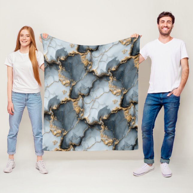 Dark Blue Marble Texture with Liquid Gold Veins Fleecefilt (På plats)