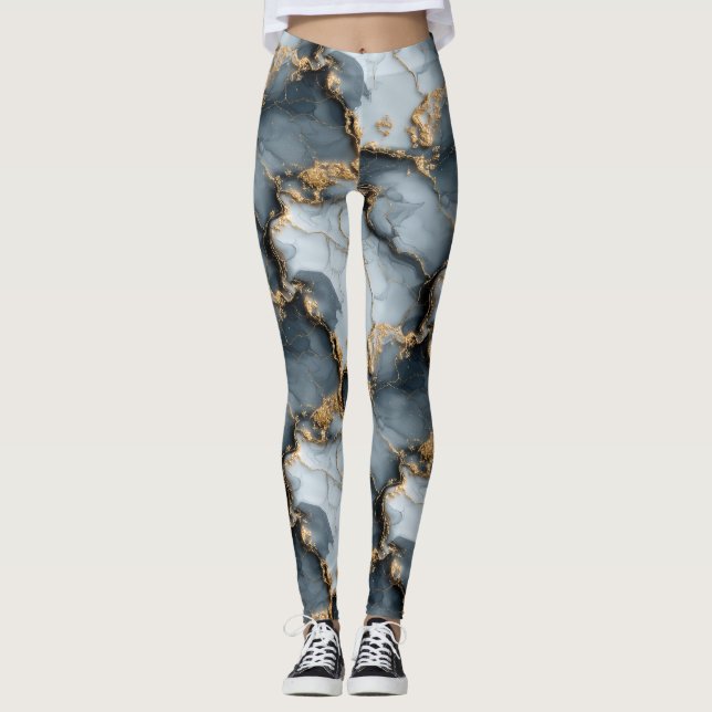 Dark Blue Marble Texture with Liquid Gold Veins Leggings (Framsida)
