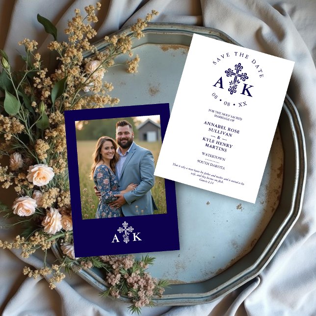 Dark Blue Ornate Christian Cross Wedding Initials Spara Datumet (Dark Blue Ornate Christian Cross Minimalist Wedding Save the Date Cards with Initials and Back Photo)