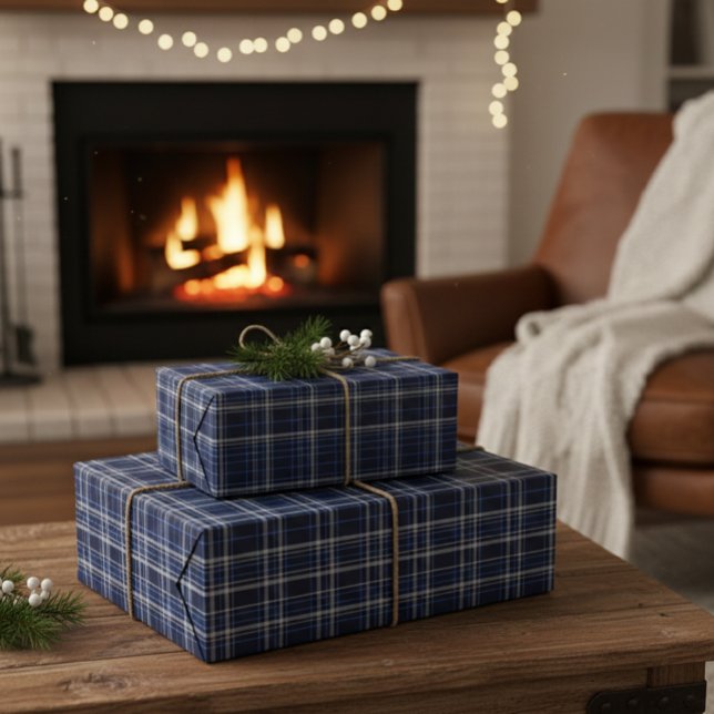 Dark Blue Plaid Tartan Wrapping Paper Presentpapper (Skapare uppladdad)