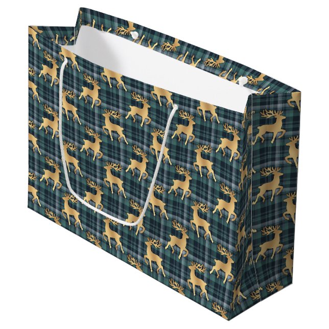 Dark Blue Plaid with Faux Gold Reindeer Holiday (Framsidan Vinklad)