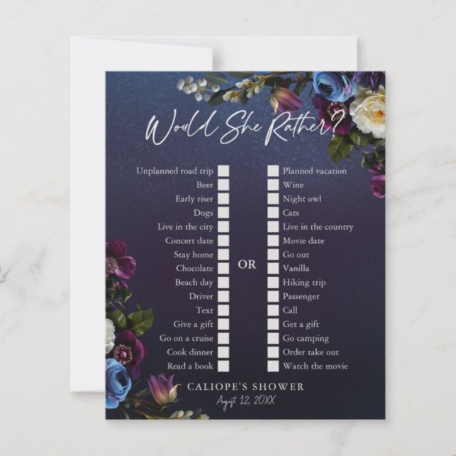 Dark Blue & Purple Floral Moody Bridal Shower Game (Framsida)