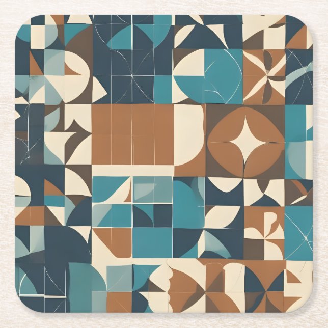 Dark Blue, Teal, Brown, and Tan Geometric Pattern Underlägg Papper Kvadrat (Framsidan)