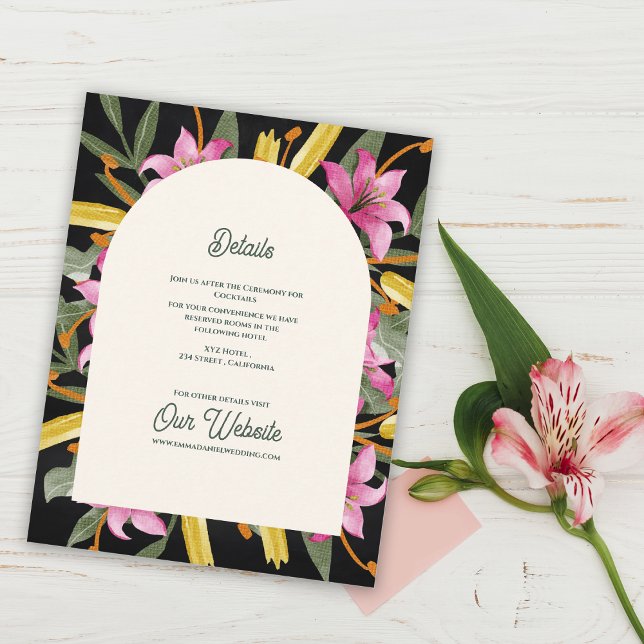 Dark Blush Pink Lily Arched Wedding Details Tilläggskort (Dark Blush Pink Lily Arched Wedding Details | Botanical Floral Arch Evening Wedding Eclosure Card )