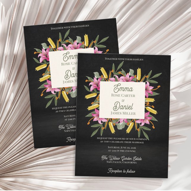 Dark Blush Pink Lily Botanical Wedding Inbjudan Vykort (Dark Blush Pink Lily Botanical Wedding Invitation | Moody Black Floral Elegant Garden Wedding Invite)