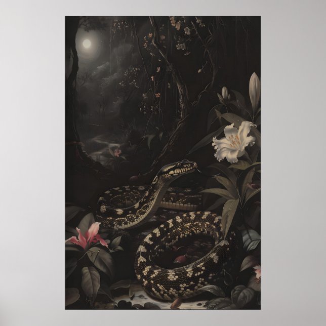 Dark Botanical Snake Art Print Floral Reptile Poster (Framsidan)