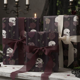 Dark Burgundy Gothic Skull & Rose Stripes Presentpapper