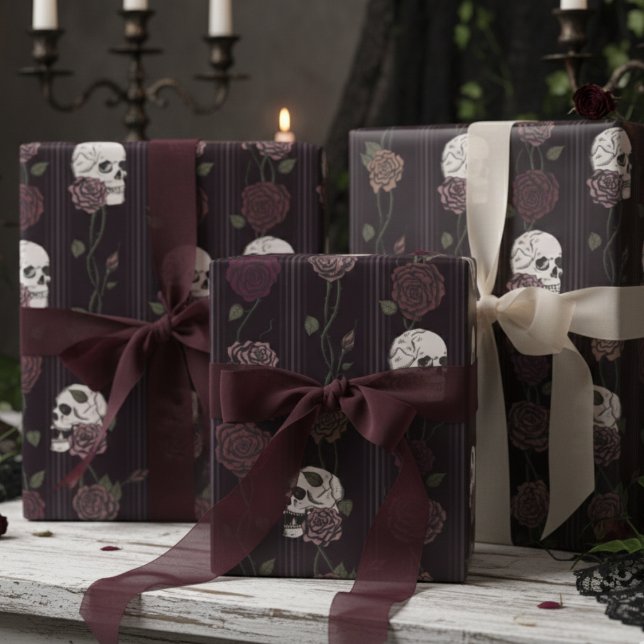 Dark Burgundy Gothic Skull & Rose Stripes Presentpapper (Elegant Gothic Wrapping Paper with Burgundy Dark Floral Skull  Striped Pattern. Romantic and Moody)