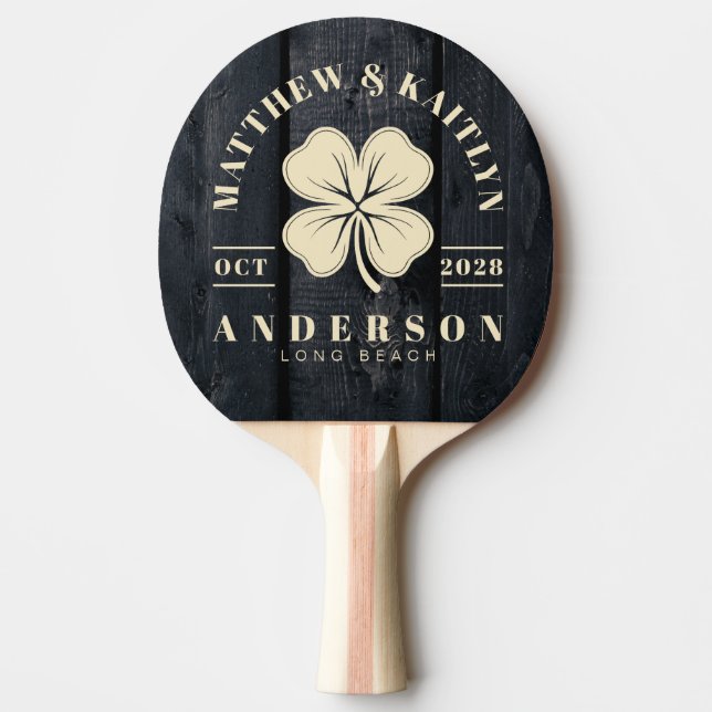Dark Burnt Wood Irish Lucky Clover Wedding Crest Pingisracket (Framsidan)