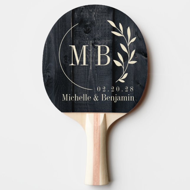 Dark Burnt Wood Leaf Wedding Monogram Pingisracket (Baksidan)