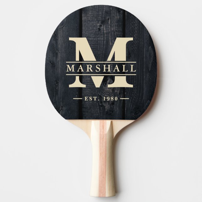 Dark Burnt Wood Monogram & Name Overlay Pingisracket (Framsidan)