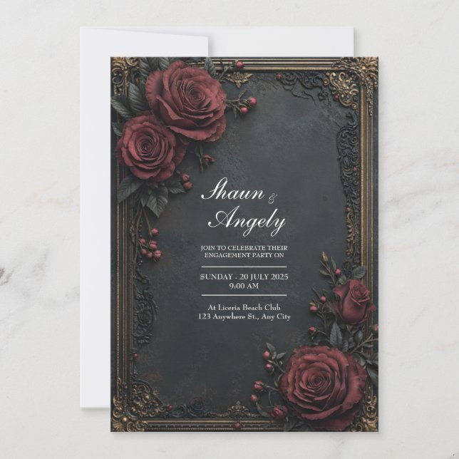 Dark Charcoal Burgundy Rose Floral Wedding Inbjudningar (Framsida)