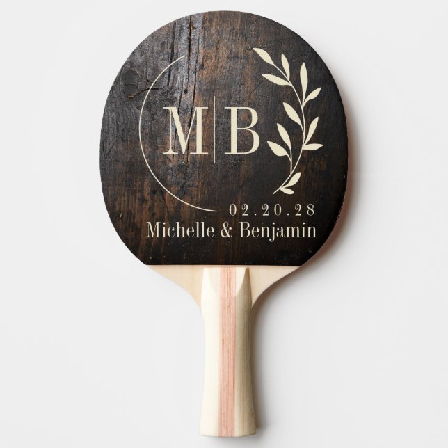 Dark Chopping Block Leaf Wedding Monogram Pingisracket (Framsidan)