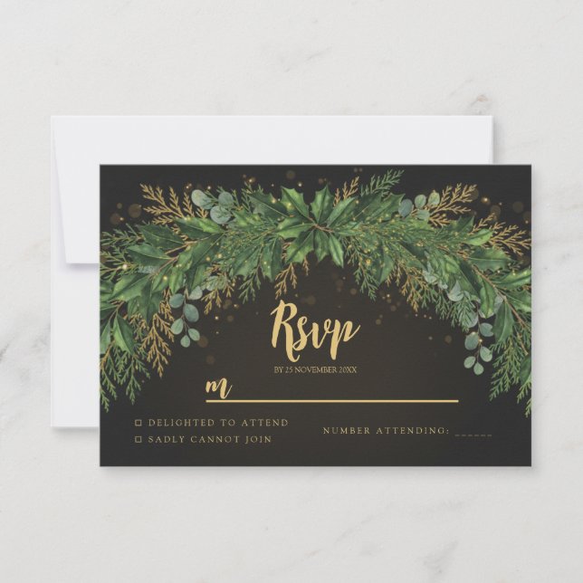 Dark Christmas Greenery Arch Wedding RSVP Card OSA Kort (Framsida)