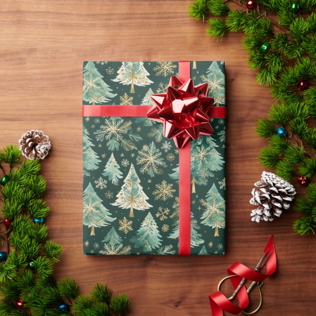 Dark Christmas Trees & Snowflakes Wrapping Paper Presentpapper (Julgåva)
