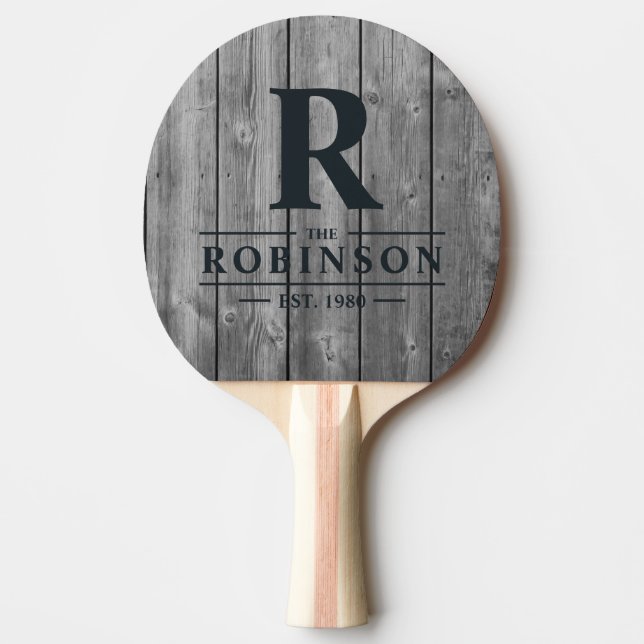 Dark Clean Gray Wood Family Name & Initial Pingisracket (Framsidan)