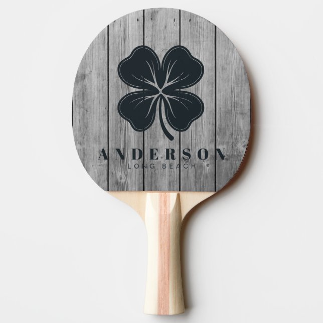 Dark Clean Gray Wood Four Leaf Clover with Name Pingisracket (Baksidan)