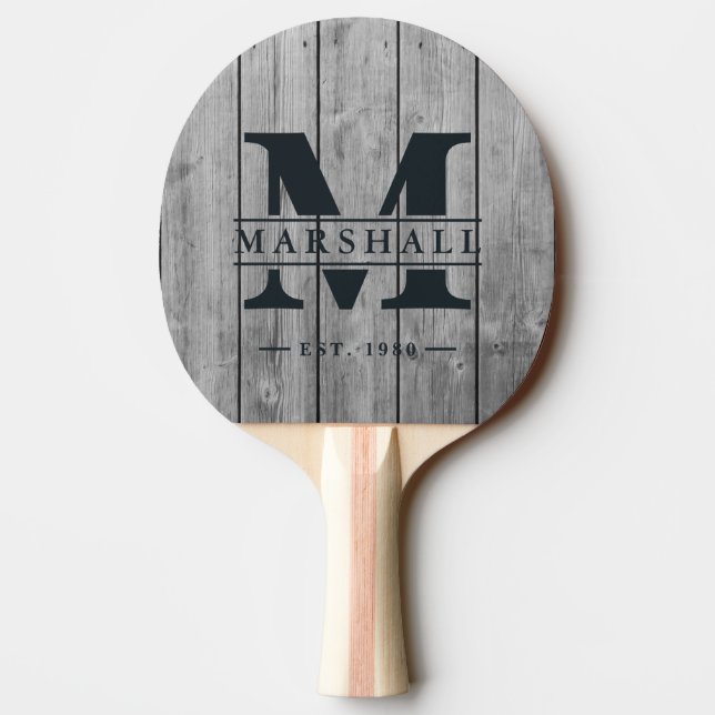 Dark Clean Gray Wood Monogram & Name Overlay Pingisracket (Baksidan)