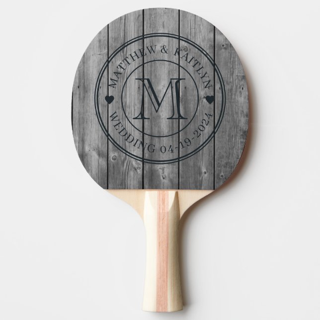 Dark Clean Gray Wood Wedding Monogram Heart Pingisracket (Framsidan)