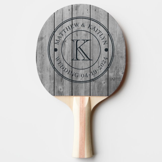 Dark Clean Gray Wood Wedding Monogram Pingisracket (Baksidan)