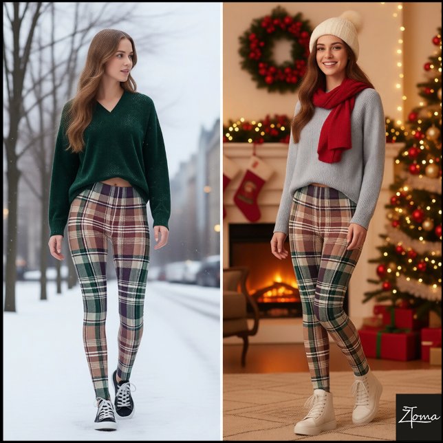 Dark Earthy Green Tan Tartan Plaid Leggings (Skapare uppladdad)
