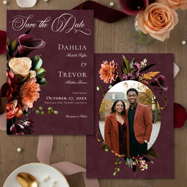Dark Elegant Autumn Floral Burgundy Photo Wedding Spara Datumet (Skapare uppladdad)
