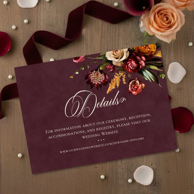 Dark Elegant Autumn Floral Burgundy Wedding Detail Tilläggskort (Skapare uppladdad)