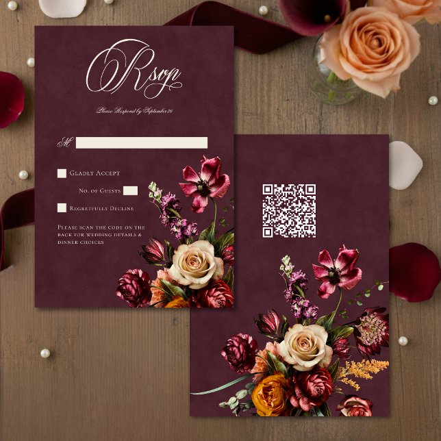 Dark Elegant Autumn Floral Burgundy Wedding QR OSA Kort (Skapare uppladdad)