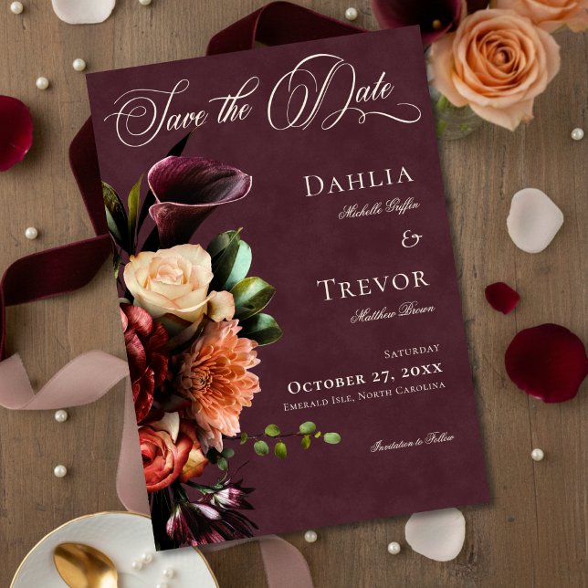 Dark Elegant Autumn Floral Burgundy Wedding Spara Datumet (Skapare uppladdad)
