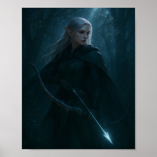 Dark Elf Archer Fantasy Art – Mystical Forest  Poster (Framsidan)