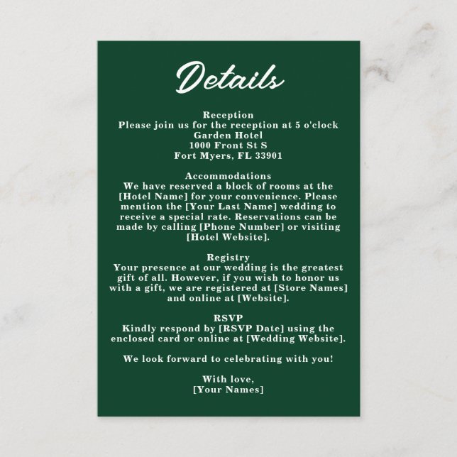 Dark Emerald Green Moody Jewel Wedding Details Tilläggskort (Framsida)