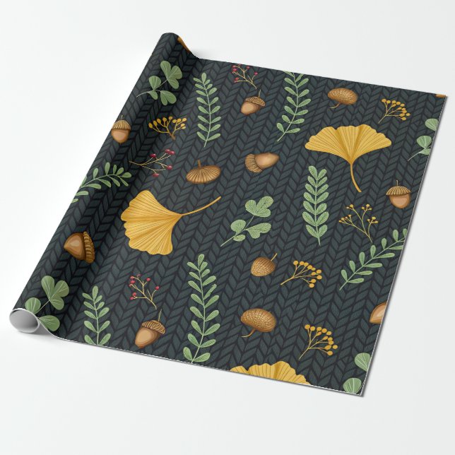 Dark Fall Gift Wrap with Ginkgo Leaves and Acorns Presentpapper (Utrullad)