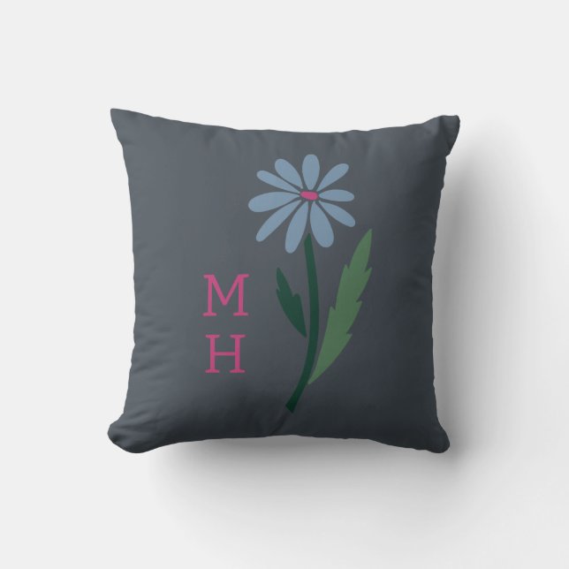 Dark Farmhouse Retro Blue Floral Monogram Gray Kudde (Framsida)
