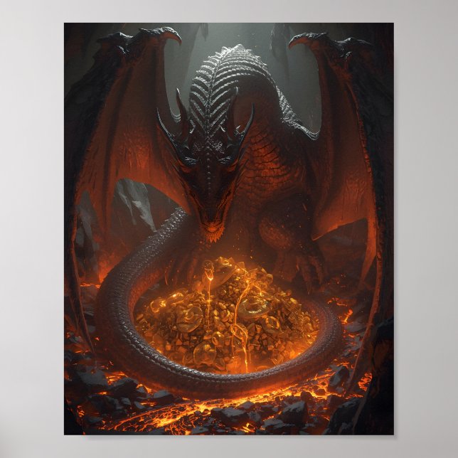 Dark Fire Dragon Guarding Treasure – Fantasy Art Poster (Framsidan)