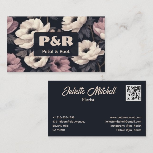 Dark Floral Anemone Florist Business Card Visitkort (Fram/baksida)