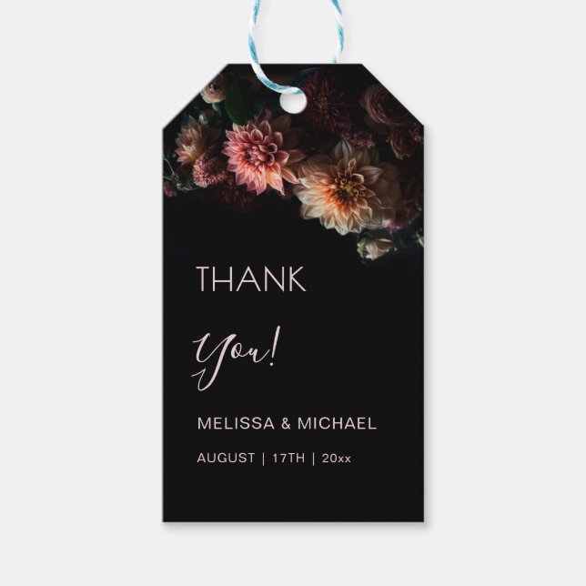 Dark Floral Chrysanthemum Wedding Thank You Presentetikett (Framsidan)