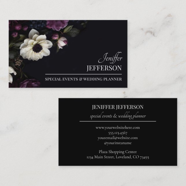 Dark Floral event wedding planner Visitkort (Fram/baksida)