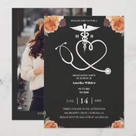 Dark Floral Nursing Graduation Invitation with Hea Inbjudningar