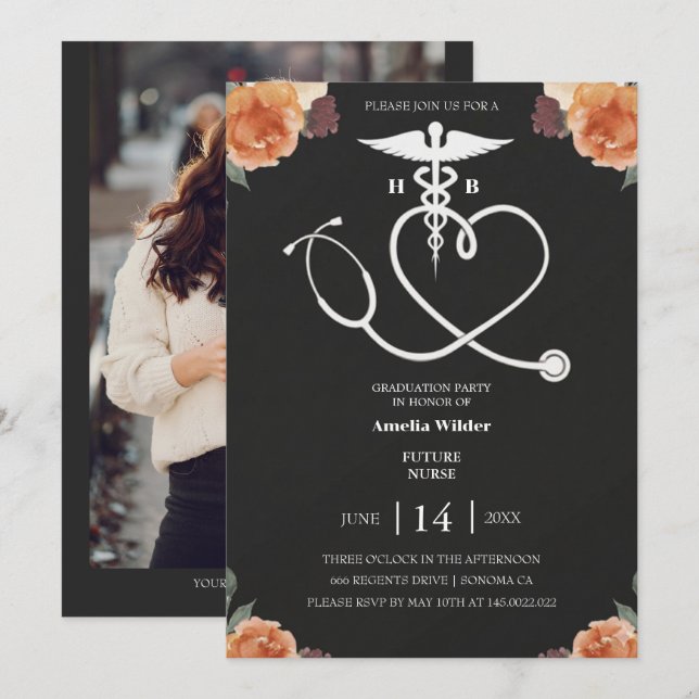 Dark Floral Nursing Graduation Invitation with Hea Inbjudningar (Fram/baksida)