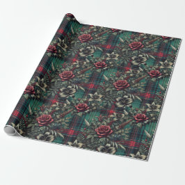 Dark Floral Plaid Wrapping Paper - Elegant Plaid Presentpapper