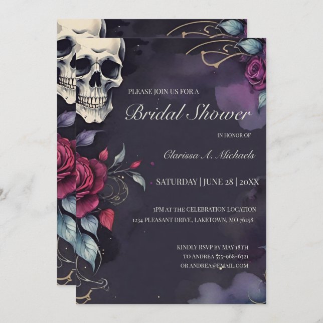 Dark Floral Skull & Rose Gothic Bridal Shower Inbjudningar (Fram/baksida)