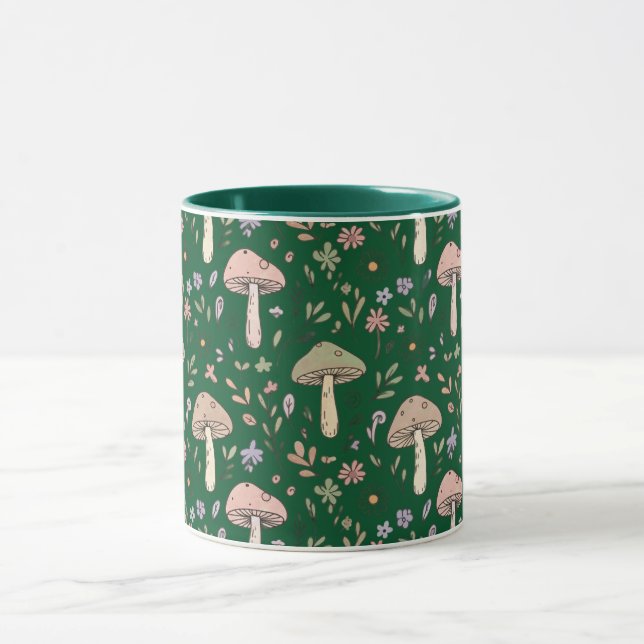 Dark Forest Emerald Fungi Seamless Pattern Moody Mugg (Center)