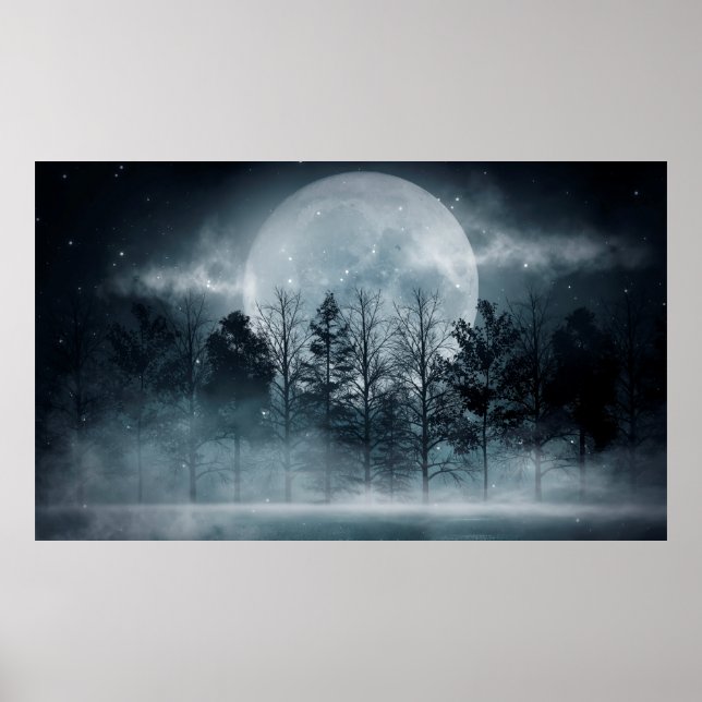 Dark forest. Gloomy dark scene with trees, big moo Poster (Framsidan)