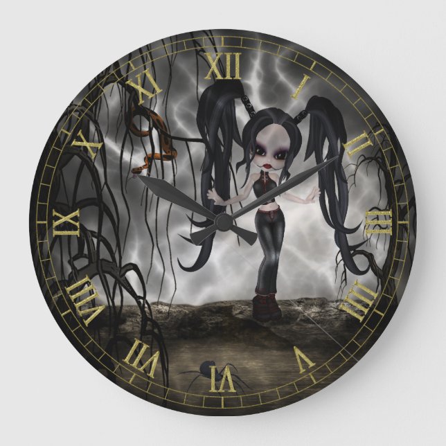 Dark Goth Girl Vignette Wall Clock Stor Klocka (Framsida)