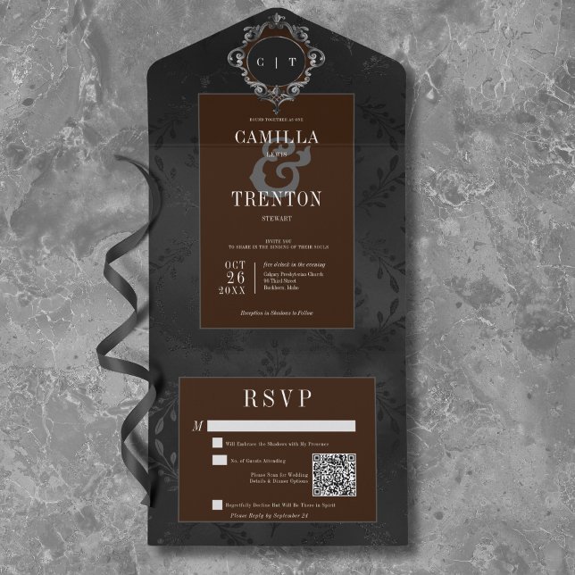 Dark Gothic Black & Brown Floral Satin QR Code (Dark Gothic Black & Brown Floral Satin QR Code All In One Invitation)