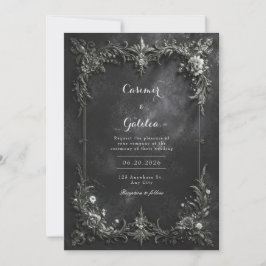 Dark Gothic Black & Silver Metallic Floral Wedding Inbjudningar