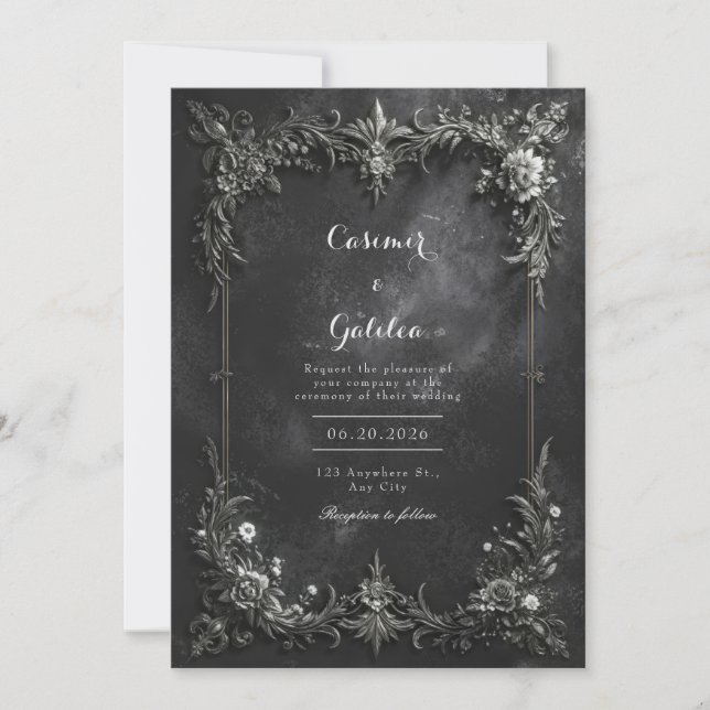 Dark Gothic Black & Silver Metallic Floral Wedding Inbjudningar (Framsida)