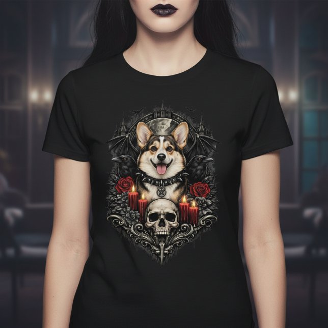 Dark Gothic Corgi With Skull and Candles T Shirt (Dark Gothic Corgi With Skull and Candles T-Shirt by Ricaso A fun dog themed goth shirt
)