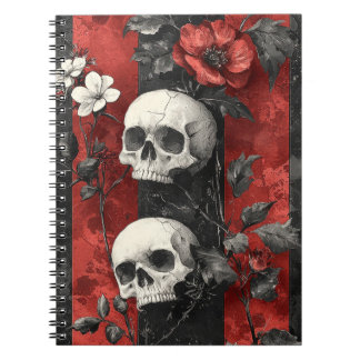 Dark Gothic Floral Skulls Red & Black Stripe Anteckningsbok